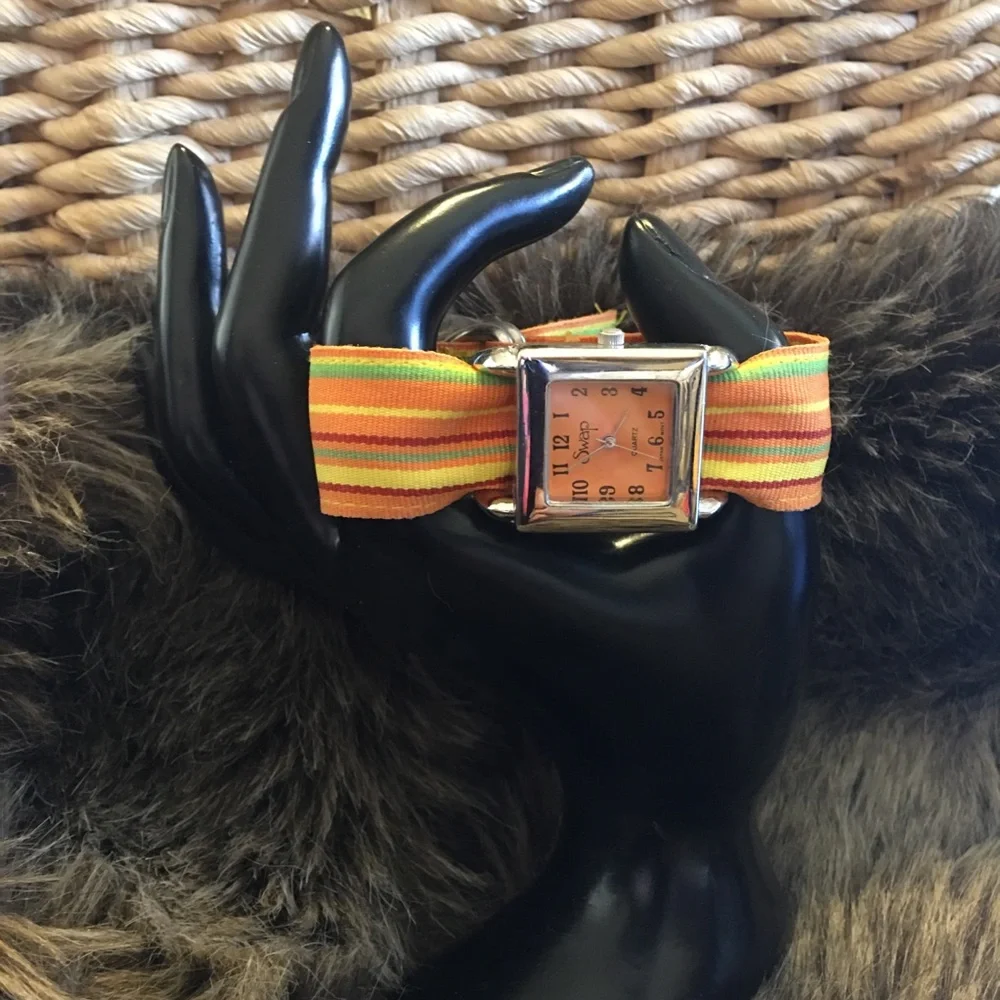 Ladies SWAP stripe fabric D ring band watch